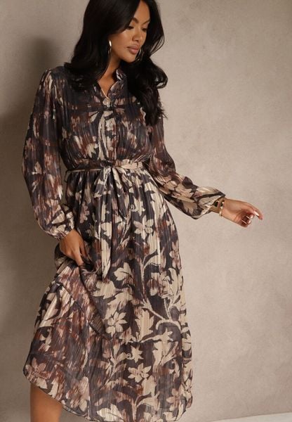 Szara Sukienka o Rozkloszowanym Kroju z Wiązanym Paskiem i Metaliczną Nicią Nalimirae. Szare sukienki Renee, na co dzień, l, bez wzorów, z elastanu, bez kołnierzyka, bez ramiączek, maxi, rozkloszowane. Za 139.99 zł.