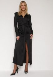 Czarna Elegancka Sukienka z Trenem i Rozcięciem Atissa. Czarne sukienki Born2be, na imprezę, m, z aplikacjami, eleganckie, bez kołnierzyka, bez ramiączek, dopasowane. Za 149.99 zł.