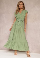 Zielona Rozkloszowana Sukienka Maxi z Gumką w Talii Lavla. Zielone sukienki Renee, l, bez wzorów, z materiału, bez kołnierzyka, bez ramiączek, maxi, rozkloszowane. W wyprzedaży za 83.99 zł.