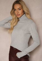Szary Golf Sweter o Dopasowanym Kroju z Kaszmirem Zairith. Szare swetry Renee, z aplikacjami, z jeansu, biznesowe, bez ramiączek. W wyprzedaży za 71.99 zł.