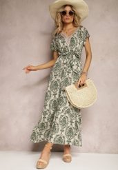 Zielono-Beżowa Sukienka z Wiskozy z Krótkim Rękawem Gumką w Pasie i Materiałowym Paskiem i Dtella. Zielone sukienki Renee, m, bez wzorów, z materiału, bez kołnierzyka, bez ramiączek, maxi. W wyprzedaży za 55.99 zł.