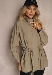 Jasnozielona Kurtka Parka z Dodatkiem Bawełny Wykończona Troczkami Zapinana na Napy Velona. Zielone kurtki Renee, l, bez wzorów, z bawełny, eleganckie, bez kaptura. W wyprzedaży za 107.99 zł.