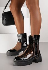 Czarno-Brązowe Botki Lakierowane Vices Ozdobione Tasiemką Rotine. Brązowe botki Renee, bez wzorów, z jeansu, eleganckie, bez obcasa, na obcasie, bez zapięcia. Za 149.99 zł.