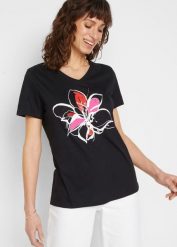 T-shirt. Czarne t-shirty bonprix, bez wzorów, bez kołnierzyka, bez ramiączek. Za 42.99 zł.