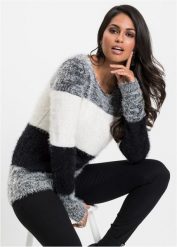 Sweter z przędzy z długim włosem w paski. Czarne swetry bonprix, bez wzorów, z dzianiny, bez ramiączek. Za 112.99 zł.