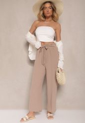 Ciemnobeżowe Spodnie z Wiskozą o Szerokim Kroju High Waist z Wiązaniem Ivelwia. Brązowe jeansy Renee, na lato, l, bez wzorów, z jeansu, z podwyższonym stanem. W wyprzedaży za 39.99 zł.