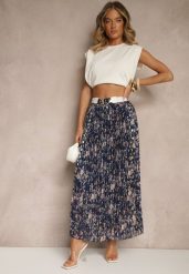 Granatowa Kwiecista Spódnica Rozkloszowana z Plisami Zdobiona Metalicznym Nadrukiem Folonissa. Niebieskie spódnice Renee, na co dzień, l, z aplikacjami, eleganckie, maxi, proste. W wyprzedaży za 63.99 zł.