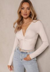 Beżowa Bluzka z Wiskozą Ozdobiona Marszczeniem Acceria. Brązowe bluzki Renee, l, bez wzorów, z jeansu, eleganckie, bez kołnierzyka, bez ramiączek. W wyprzedaży za 75.99 zł.