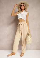 Beżowe Spodnie High Waist Wiązane w Pasie Wykończone Gumką w Talii Dimixi. Brązowe jeansy Renee, l, bez wzorów, z jeansu, z podwyższonym stanem. W wyprzedaży za 29.99 zł.