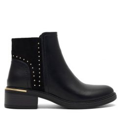 Botki JENNY. Czarne botki Jenny, bez wzorów, bez obcasa, na słupku, bez zapięcia. Za 89.99 zł.