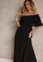 Czarna Rozkloszowana Sukienka Hiszpanka z Bawełny z Elastyczną Górą Maissa. Czarne sukienki Renee, na co dzień, l, bez wzorów, z bawełny, eleganckie, bez kołnierzyka, bez ramiączek, midi, rozkloszowane. W wyprzedaży za 43.99 zł.