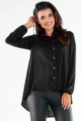 Elegancka Koszula z Dłuższym Tyłem - Czarna. Czarne koszule Awama, l, bez wzorów, z elastanu, eleganckie, bez kołnierzyka, bez ramiączek. Za 238.90 zł.