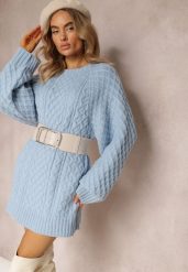 Jasnoniebieski Długi Sweter Ozdobiony Drobnym Splotem Killoe. Niebieskie swetry Renee, bez wzorów, z jeansu, casualowe, bez ramiączek. W wyprzedaży za 175.99 zł.