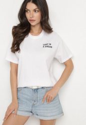 Biało-Różowy Bawełniany T-shirt z Napisami Hallena. Białe t-shirty Born2be, l, bez wzorów, z bawełny, biznesowe, bez kołnierzyka, bez ramiączek. W wyprzedaży za 46.74 zł.