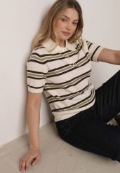 Zielono-Kremowy T-shirt Typu Polo z Wiskozą Ozdobiony Guzikami i Paskami Esefia. Zielone t-shirty Born2be, m, bez wzorów, z jeansu, bez kołnierzyka, bez ramiączek. Za 119.99 zł.