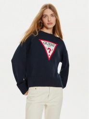 Guess Jeans Sweter W4BR12 Z3HM1 Granatowy Regular Fit. Niebieskie swetry Guess Jeans, xl, z aplikacjami, z bawełny, bez ramiączek. Za 219.99 zł.