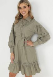 Ciemnozielona Koszulowa Sukienka z Bufiastym Rękawem i Ażurowymi Wstawkami Staples. Zielone sukienki Born2be, l, w ażurowe wzory, vintage, bez kołnierzyka, bez ramiączek, mini, koszulowe. W wyprzedaży za 212.49 zł.