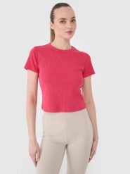 4F T-shirt slim z prążkowanej dzianiny damski - różowy L. Czerwone t-shirty 4f, l, bez wzorów, z bawełny, klasyczne, bez kołnierzyka, bez ramiączek. W wyprzedaży za 49.99 zł.