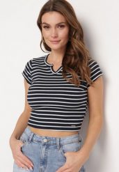 Granatowy Bawełniany T-shirt Koszulka z Krótkim Rękawem i Wycięciem przy Dekolcie Zolianara. Niebieskie t-shirty Born2be, m, bez wzorów, z bawełny, bez kołnierzyka, bez ramiączek. Za 59.99 zł.
