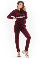 Welurowe Spodnie z Logowaną Taśmą w Pasie - Bordowe. Czerwone spodnie dresowe Awama, bez wzorów, z dresówki. Za 209.90 zł.