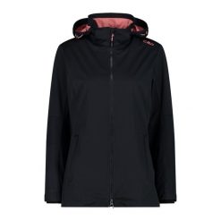 Damska kurtka turystyczna z kapturem CMP. Czarne kurtki przejściowe sportowe CMP, bez wzorów, z softshellu, z kapturem, trekkingowe. Za 389.00 zł.