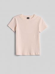 4F T-shirt slim z prążkowanej dzianiny damski - kremowy L. Białe t-shirty 4f, l, bez wzorów, z bawełny, eleganckie, bez kołnierzyka, bez ramiączek. Za 49.99 zł.