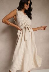 Beżowa Koszulowa Sukienka Bez Rękawów z Wiązanym Paskiem Lideene. Brązowe sukienki Renee, na co dzień, bez wzorów, eleganckie, bez kołnierzyka, bez ramiączek, midi, kopertowe. W wyprzedaży za 99.99 zł.