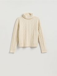 Sweter z warkoczowym splotem - kremowy. Białe swetry Reserved, l, bez wzorów, z dzianiny, bez ramiączek. Za 139.99 zł.