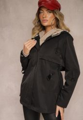 Czarna Kurtka Typu Parka z Troczkami w Talii Kapturem i Kieszeniami Kaivara. Czarne kurtki Renee, l, bez wzorów, z materiału. W wyprzedaży za 279.99 zł.