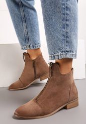 Brązowe Botki w Stylu Nowoczesnych Sztybletów ze Skórzaną Wkładką i Ozdobnym Suwakiem Asaxs. Brązowe botki Renee, bez wzorów, eleganckie, bez obcasa, na płaskiej podeszwie, bez zapięcia. W wyprzedaży za 132.99 zł.