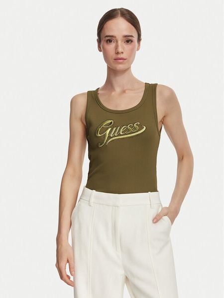 Guess Top W6YP30 K4380 Khaki Slim Fit. Brązowe topy Guess, m, z aplikacjami, z syntetyku, bez kołnierzyka, bez ramiączek. Za 194.99 zł.