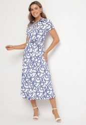 Niebieska Koszulowa Sukienka z Wiskozą w Geometryczny Wzór Sarilissa. Niebieskie sukienki Born2be, na co dzień, l, bez wzorów, z jeansu, eleganckie, bez kołnierzyka, bez ramiączek, koszulowe. Za 199.99 zł.