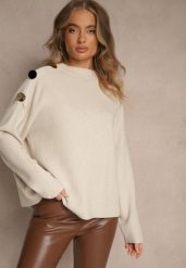Jasnobeżowy Sweter z Metalicznymi Guzikami na Ramieniu Ederlia. Brązowe swetry Renee, bez wzorów, biznesowe, bez ramiączek. Za 99.99 zł.