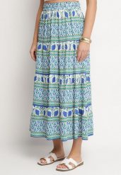 Niebieska Rozkloszowana Spódnica z Wiskozą w Etniczny Wzór Kolamiela. Niebieskie spódnice Born2be, na co dzień, bez wzorów, z bawełny, eleganckie, maxi, proste. W wyprzedaży za 59.49 zł.