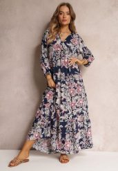 Granatowa Sukienka Oversize w Kwiaty Iophne. Niebieskie sukienki Renee, l, bez wzorów, bez kołnierzyka, bez ramiączek, maxi, oversize. W wyprzedaży za 63.99 zł.
