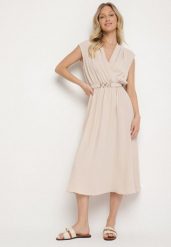 Beżowa Rozkloszowana Sukienka Ozdobiona Paskiem z Klamrą Tinilsa. Brązowe sukienki Born2be, na spacer, m, bez wzorów, eleganckie, bez kołnierzyka, bez ramiączek, midi, kopertowe. W wyprzedaży za 76.49 zł.