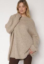 Beżowy Sweter z Wiskozą i Wełną o Kroju Nietoperza Fedella. Brązowe swetry Born2be, bez wzorów, z jeansu, eleganckie, bez ramiączek. Za 199.99 zł.