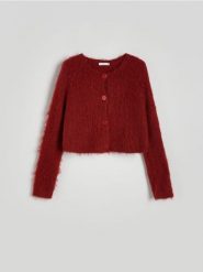 Krótki kardigan z włosem - intenstywna czerwień. Czerwone swetry Reserved, l, bez wzorów, z dzianiny, bez ramiączek. W wyprzedaży za 99.99 zł.