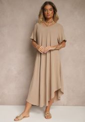 Ciemnobeżowa Sukienka z Bawełną o Rozkloszowanym Kroju Lilzedi. Brązowe sukienki Renee, na co dzień, xl, bez wzorów, z bawełny, eleganckie, bez kołnierzyka, bez ramiączek, midi, rozkloszowane. W wyprzedaży za 63.99 zł.