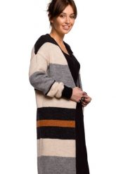Długi sweter z w paski kolorowy kardigan z wełną szary beż. Szare swetry Polskie swetry, l, bez wzorów, z wełny, biznesowe, bez ramiączek. Za 289.00 zł.