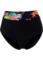Figi bikini z wysoką talią i typowym wycięciem nogawek. Czarne bikini bonprix, bez wzorów, klasyczne. Za 59.99 zł.