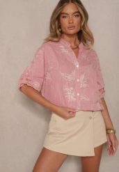 Różowa Koszula o Kroju Oversize z Podpinanymi Rękawami i Ozdobnym Haftem Follenea. Czerwone koszule Renee, z aplikacjami, z jeansu, eleganckie, bez kołnierzyka, bez ramiączek. W wyprzedaży za 83.99 zł.