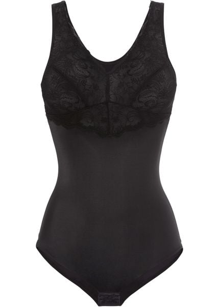 Body shape, średni stopień modelowania sylwetki. Czarne body i gorsety bonprix, bez wzorów, z koronki, bez ramiączek. Za 139.99 zł.