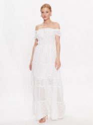 Guess Sukienka letnia Zena W3GK51 WFDR2 Biały Regular Fit. Białe sukienki Guess, xs, z aplikacjami, z syntetyku, bez kołnierzyka, bez ramiączek. Za 919.99 zł.