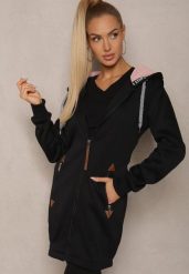 Czarna Bluza Długa z Kapturem Ozdobionym Napisami Sinellina. Czarne bluzy Renee, s, bez wzorów, z jeansu, bez ramiączek, z kapturem. W wyprzedaży za 63.99 zł.