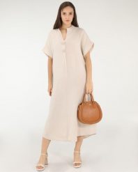 Lniana sukienka midi. Sukienki Unisono, l, bez wzorów, z tkaniny, bez kołnierzyka, bez ramiączek, midi. Za 269.00 zł.