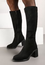 Czarne Kozaki na Słupku w Stylu Muszkieterek Cediara. Czarne kozaki Renee, bez wzorów, z jeansu, eleganckie, bez obcasa, na obcasie, bez zapięcia. W wyprzedaży za 231.99 zł.