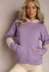 Jasnofioletowa Bawełniana Bluza z Kapturem i Wstawkami z Polaru Qilin. Fioletowe bluzy z kapturem Renee, z aplikacjami, z bawełny. W wyprzedaży za 79.99 zł.