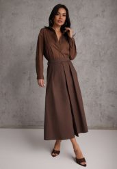 Brązowa Bawełniana Spódnica o Rozkloszowanym Kroju z Plisami Nerimara. Brązowe spódnice Renee, na co dzień, l, bez wzorów, z bawełny, casualowe, midi, proste. Za 119.99 zł.