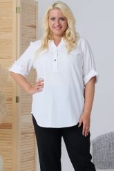 Bluzka len swobodna rękaw 3/4 DAFNE biała. Białe bluzki KARKO, l, bez wzorów, z elastanu, biznesowe, bez kołnierzyka, bez ramiączek. Za 295.50 zł.